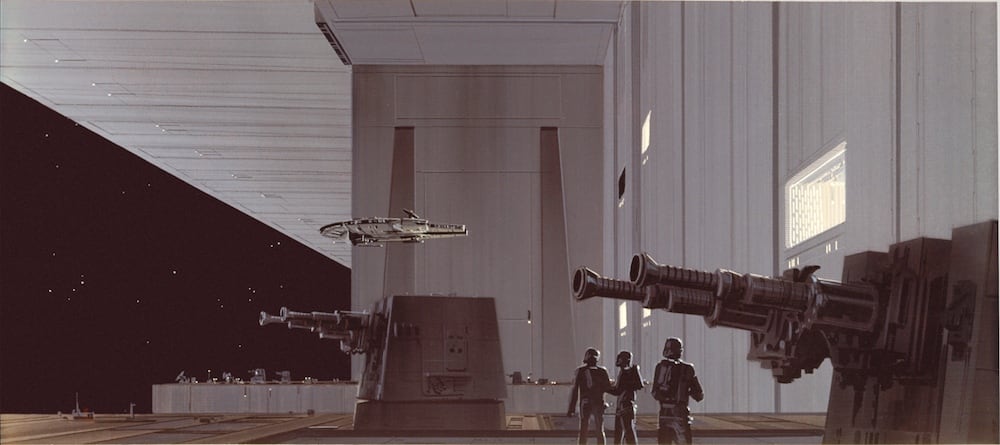 Heilemann: This version of the Pirate Ship lacks the cylindrical cross-section behind the cockpit. It's possible that McQuarrie simply forgot to include it, and didn't have time to return to it (after all he didn't have time to return to paint in the surface detail on other Falcon paintings), but given that it is missing from the sketch as well, it could also indicate an in-progress redesign. (From Kitbashed)