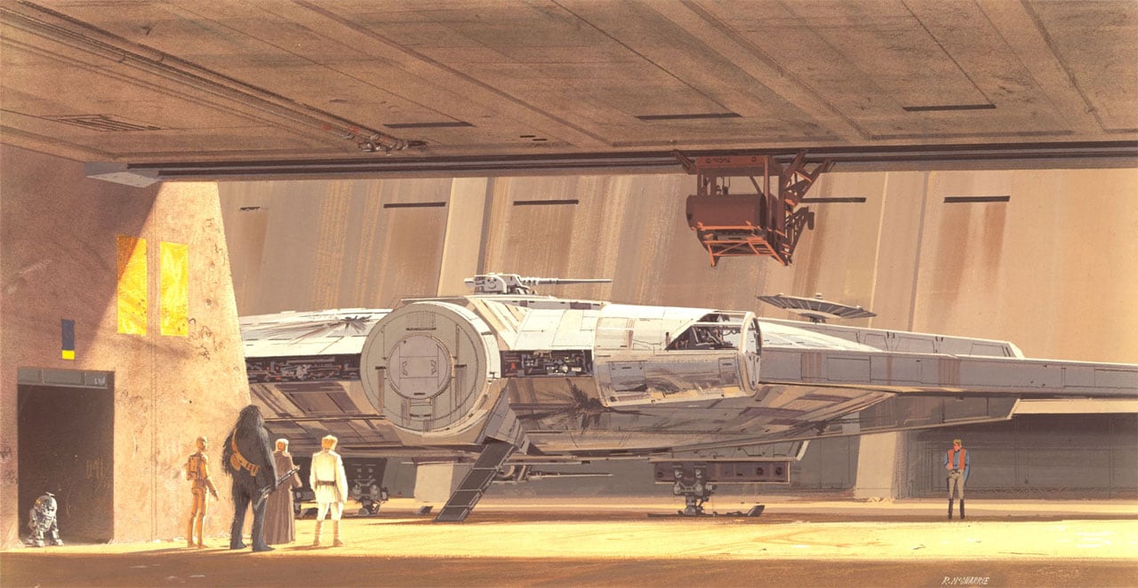 Heilemann: According to starwars.com, 'Ralph confided that this painting was actually unfinished. He was not intending for the edges of the Millennium falcon to be smooth, but never got around to incorporating the additional details.' As a sidenote, it looks like R2 is leaving, but at the time he didn't roll, he walked! So that is him caught in mid-step, entering the hangar. (From Kitbashed)