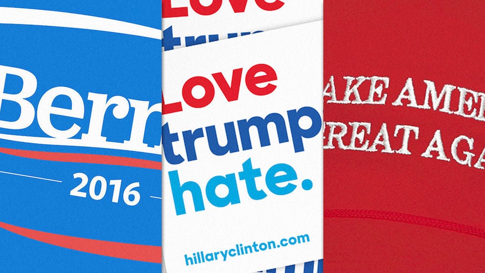 Montage of the three candidates' campaign imagery put together by Fast Company It's time to Trump the Bern Great Again (From Fast Company)